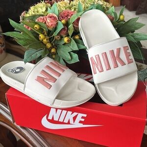 Brand New Nike Offcourt Slides White Pink Bubble Letters Large Strap Sandals